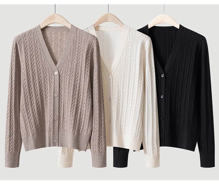 MZ62011 Damen Elegante V-Ausschnitt Zopfmuster Langarm-Strickjacke mit Knöpfen, Locker Geschnitten, Einfarbig, Modal-Mischung, Frühherbst-Pullover – Detail 3