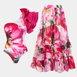 Bañador con volantes y estampado de flores para mujer, traje de baño de una pieza con un hombro descubierto y falda, ropa de playa de lujo, 2024