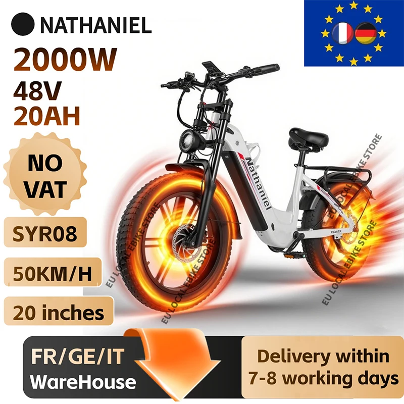 NATHANIEL SYR08 Vélo électrique à double moteur 2x1000W 48V Batterie 20Ah Pneus larges 20*4.0 50+km/h Freins hydrauliques EU E BIKE