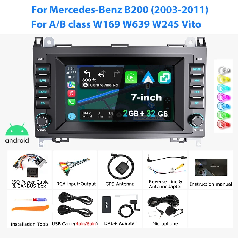 ESSGOO 7'' Android15 2+64G 2+32G 6+128G voor A-klasse B-klasse W169 W639 W245 Vito autoradio draadloze CarPlay Android Auto GPS navigatie RDS FM WiFi Bluetooth Mirror link touchscreen