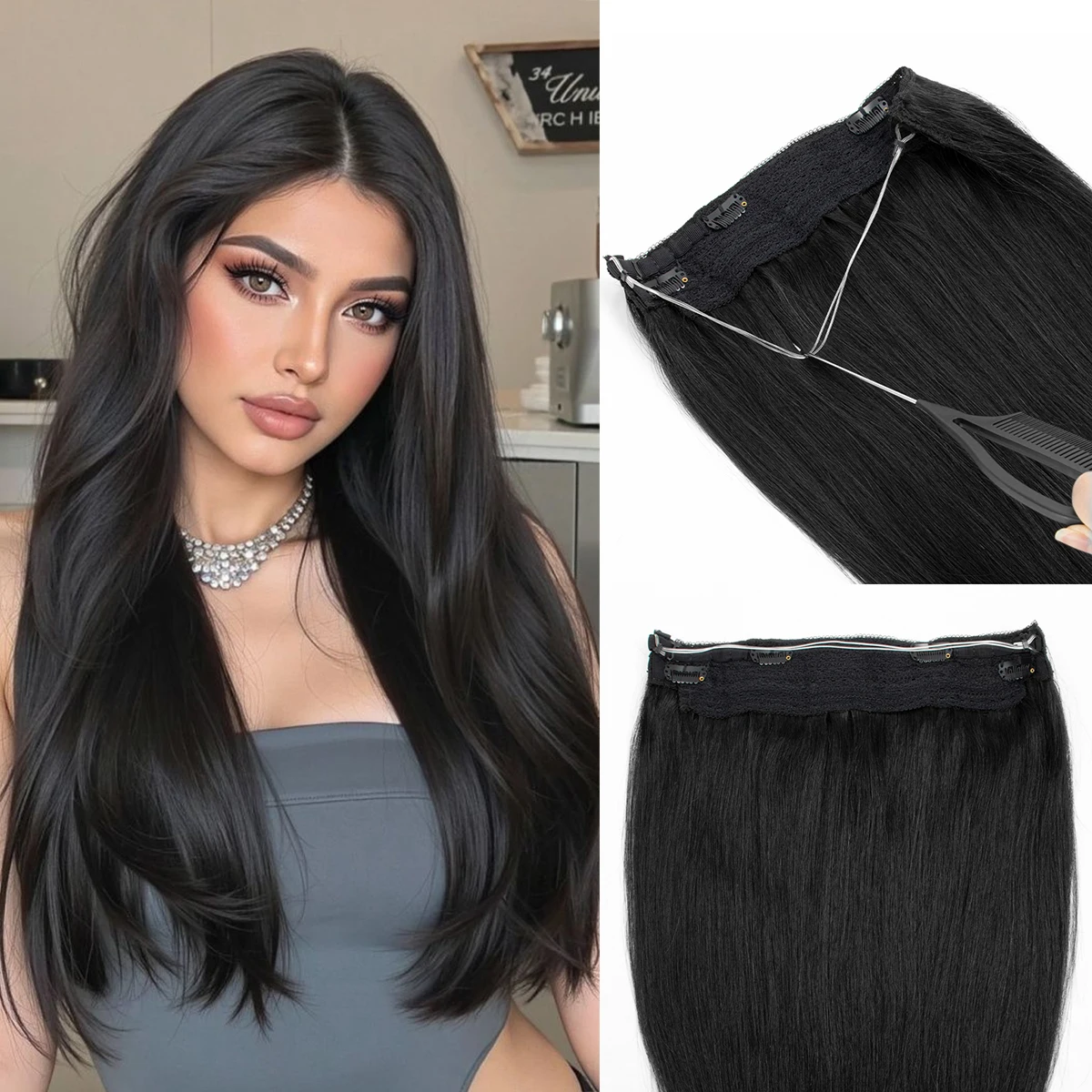 سلك شعر هالة أشقر في وصلات الشعر، شعر بشري مستقيم، خط سمكة، وصلات شعر طبيعية مع 4 مشابك لحمة #1