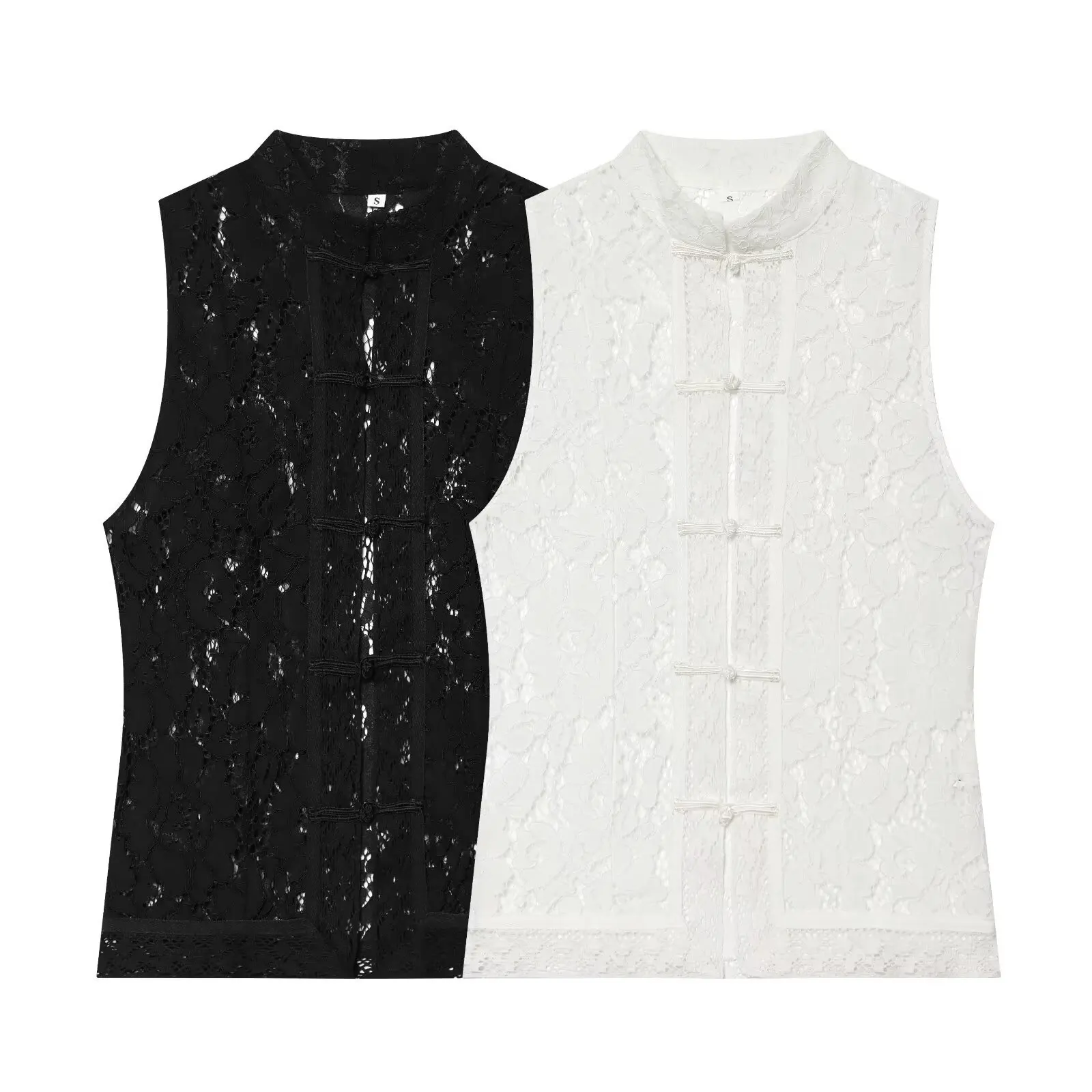 Women See Through Lace Vest Vintage Chinese Elements Sleeveless Shirt Sexy Hollow Out Crop Tank Tops High Street Cardigan
