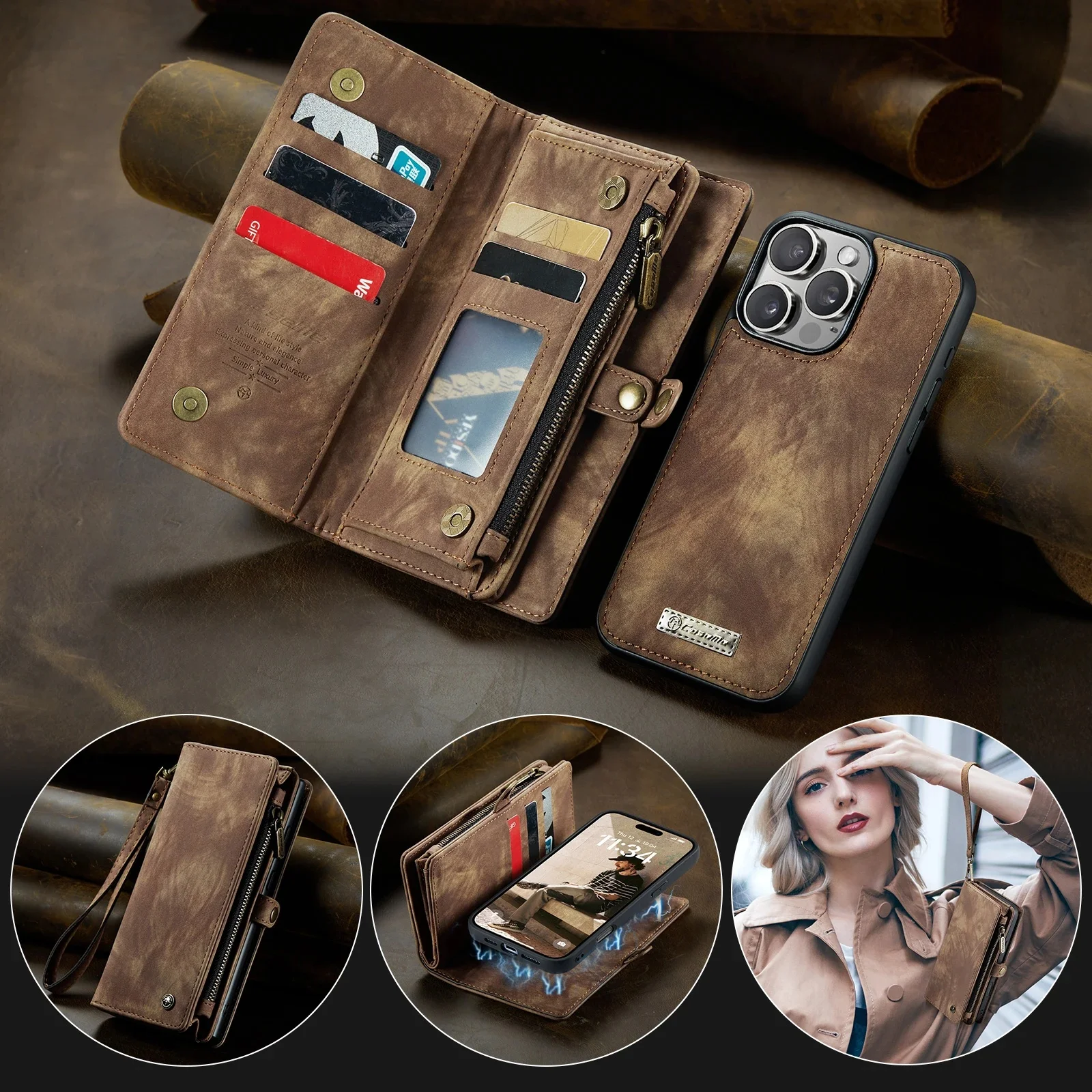 Odpinane etui portfelowe 2w1 z ekoskóry do iPhone 17 16e 16 15 14 13 12 11 Pro Max Xs Xr 7 8 Plus SE iPhone17 Air 18 z magnesem — zdjęcie produktu 7