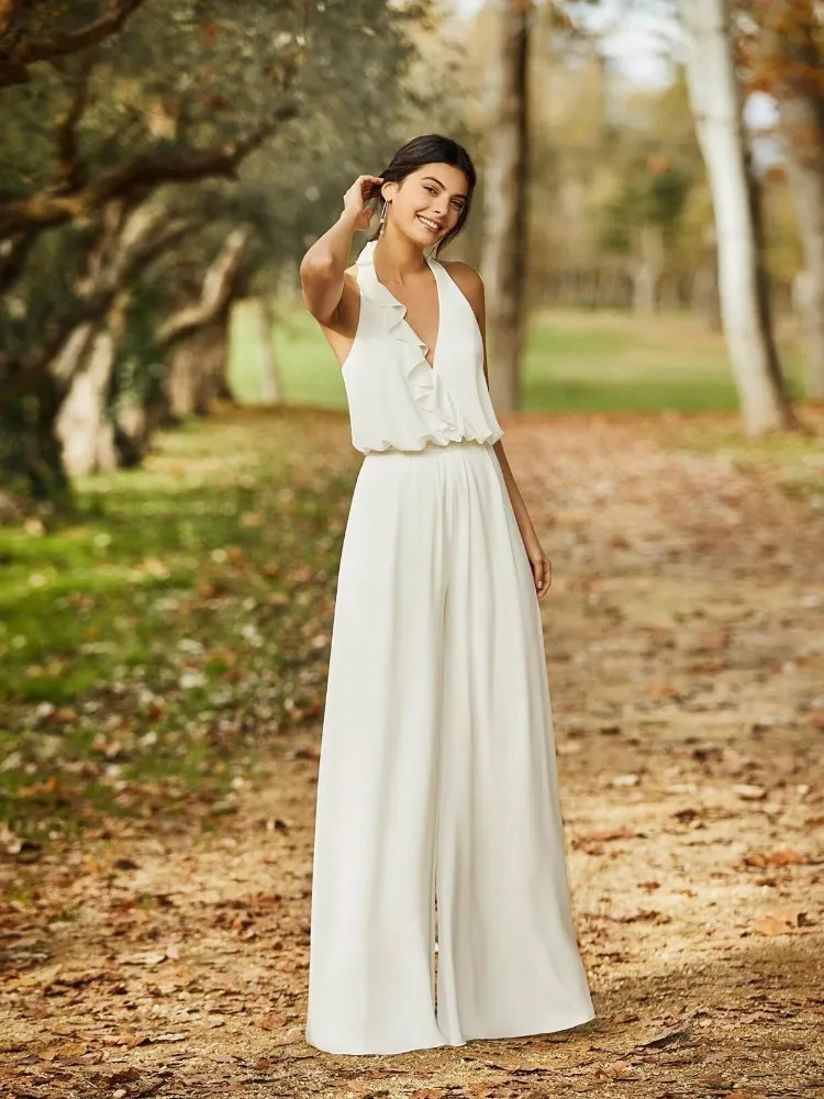 

Modest Halter Wedding Dress Jumpsuit Backless Chiffon Sleeveless Simple Robes De Mariée Boho Beach Pant Suit