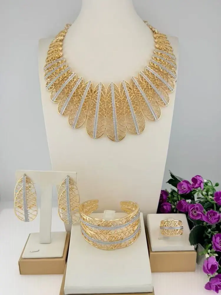 Luxury Fancy Three Tone Skeleton Shape Italian Jewelry Charm Necklace Brazalete Aretes Anillo 4PC Jewels Set for Wedding Party