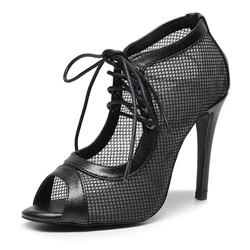 Botines de malla para mujer, tacones altos de aguja negros con cordones, 8,5 cm, 10cm, 11cm