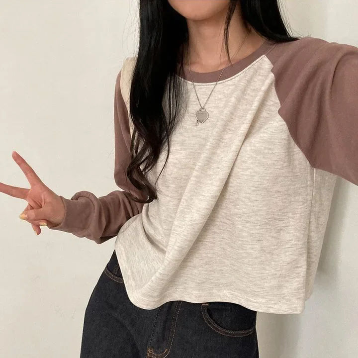S-3xl t-shirty damskie wiosna bawełna wersja koreańska patchworkowe topy z długim rękawem słodkie luźne koreański styl rozrywka studenci na wszystkie mecze — zdjęcie 2