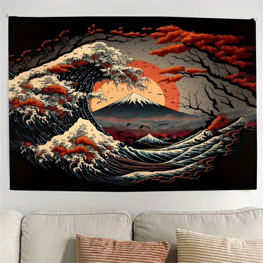 Japanese Great Waves Volcano Tapestry - Polyester Sun View Wall Hanging for Living Room Bedroom Dorm Decor, Perfect Gifts Family