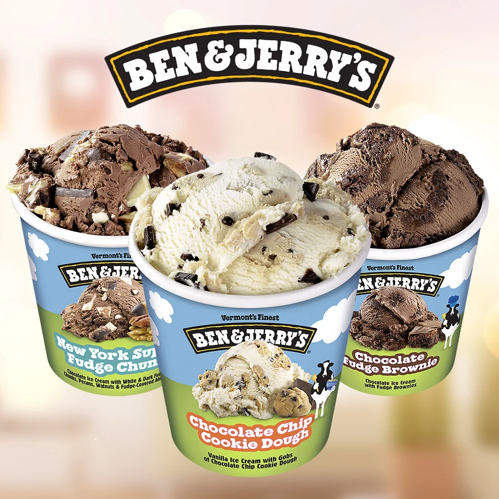 Ben &  Jerry's ice Cream PINT = 3 حزم (رقاقة كوكى دو + قطع سوبر فاسكى نيويورك + شوكو فوداج بني)