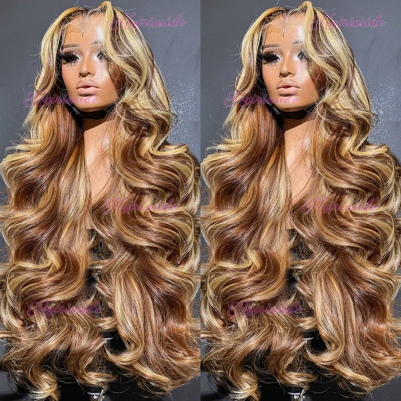 30 34 Inch 4/27 Highlight Colored Ombre Blonde Body Wave Wig Human Hair Brazilian 13x4 13x6 HD Transparent Lace Frontal Wig