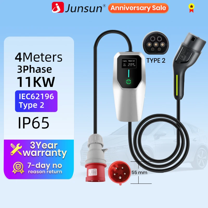 Junsun ev charger type 2 11kw 7KW single phase 100w charger wallbox 22kw type 2 for Tesla Kia Dacia Renault Nissan VW Hyundai