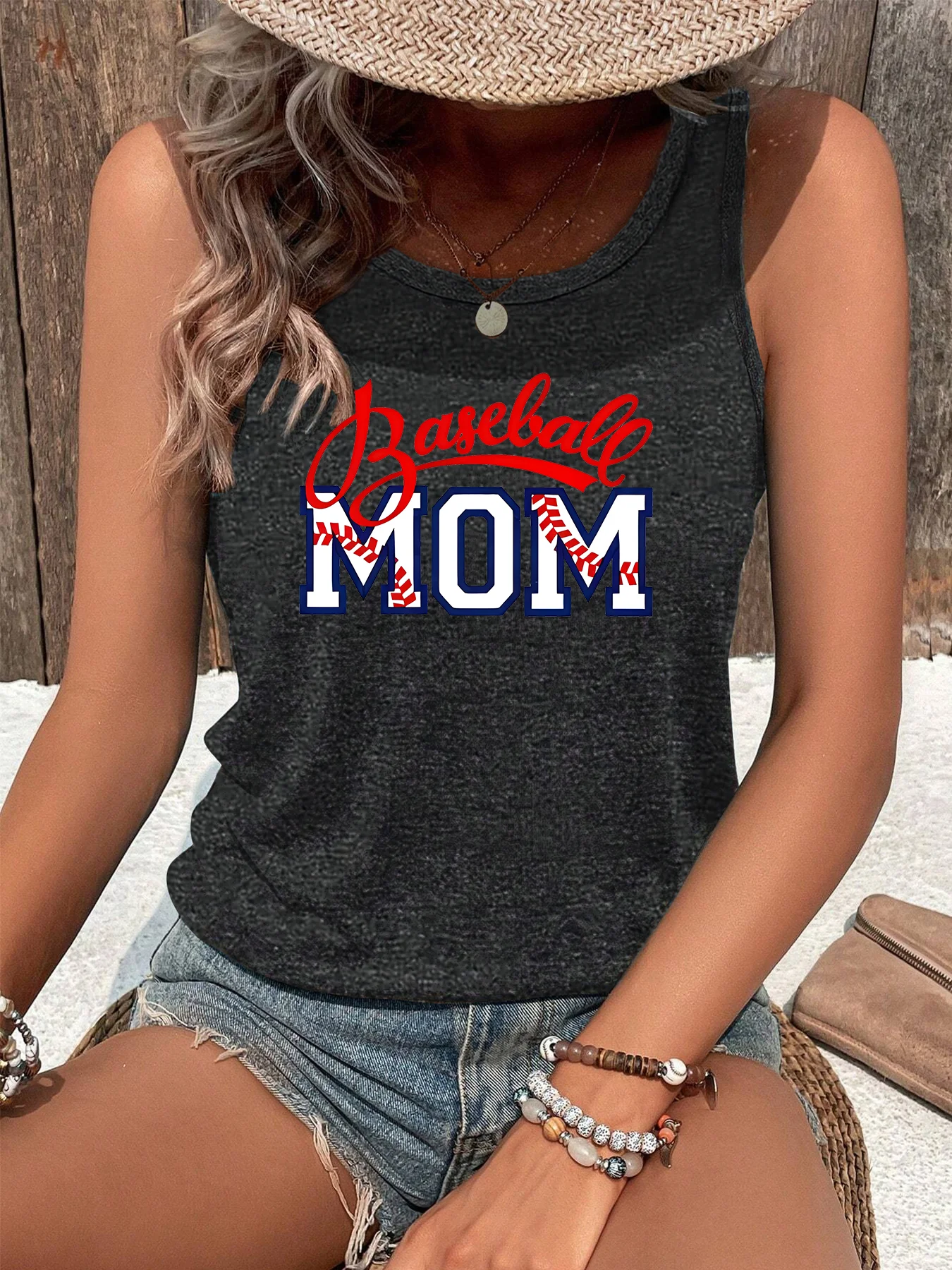 Basketball Mom  Letter Print Funny Fashion Funny Sports Women's Tank Top Loose O Neck Sleeveless Casual Tank