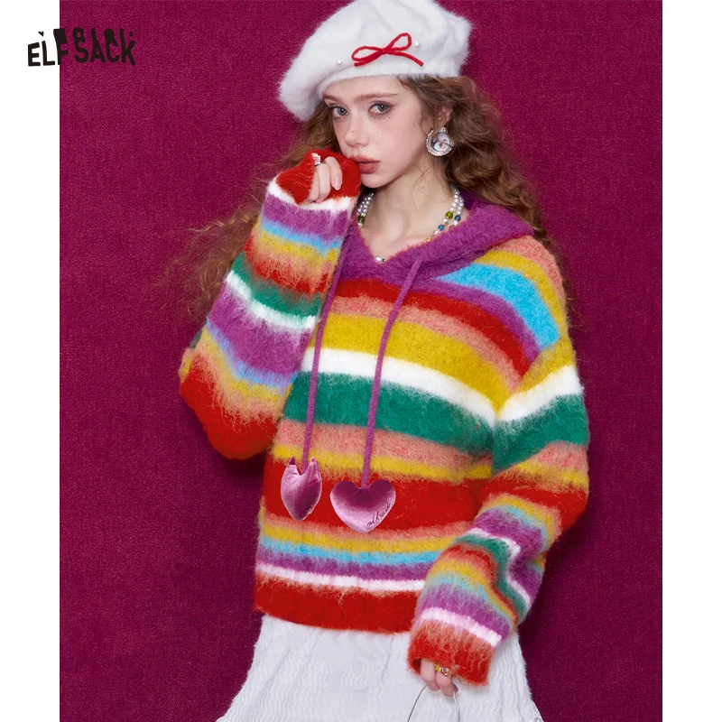 

ELFSACK Rainbow Fluffy Hoodie Women Oversized Y2K Heart Charm Pullover Soft Cozy Fuzzy Sweater Streetwear Fashion Top