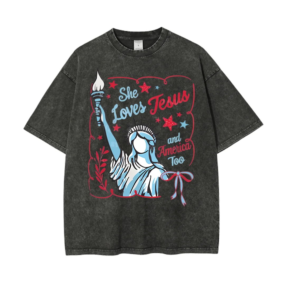 

Она любит Иисус и Америка слишком День независимости, христианская стираная футболка, летние удобные топы с круглым вырезом, повседневные футболки большого размера
