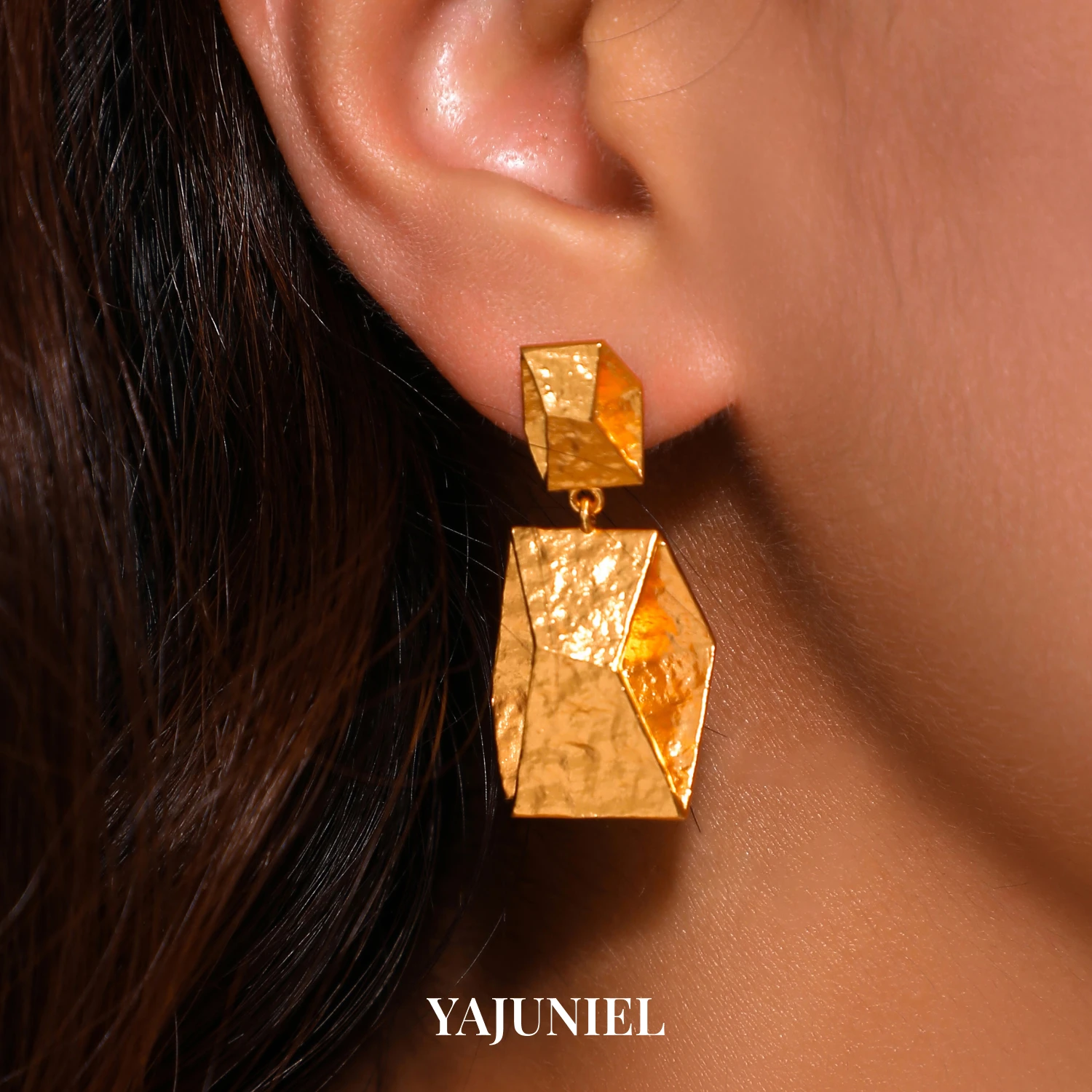 YAJUNIEL 24K Gold Plated Geometric Drop Earrings with Hammered Texture Hypoallergenic Faceted Rhombus Dangle Earrings for Women