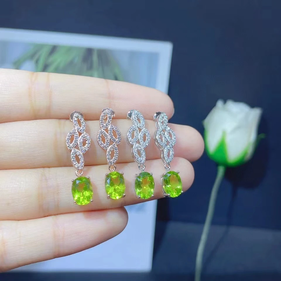 Boutique Jewelry 925 Sterling Silver Natural Gem Peridot Women's Earrings Girls' Party Birthday Gifts Bridal Matching New Fashio