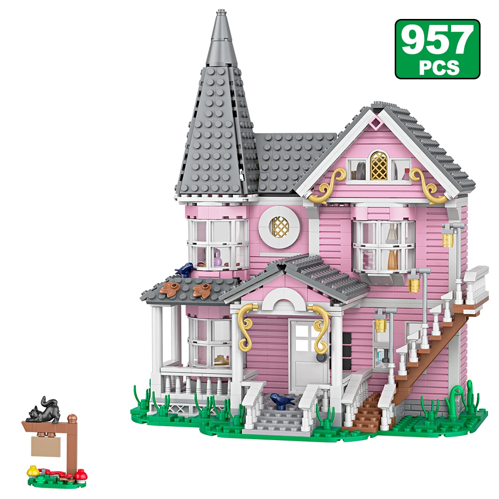 958 stuks City Street View-serie Roze Kasteel Appartementen Model Bouwstenen MOC Kitten Windmolen Stenen Creatief Speelgoed DIY Cadeaus
