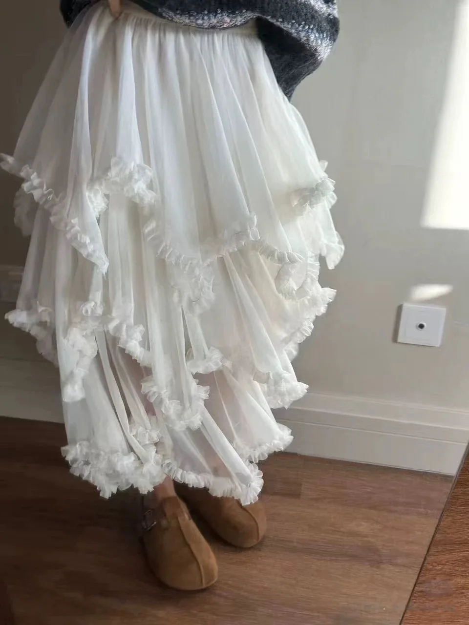 女性用 ホワイト 不規則なパッチワーク フリル裾スカート Y2k 2000年代 エステティック エレガント フレンチ セクシー メッシュ パフスカート Aライン ミディスカート