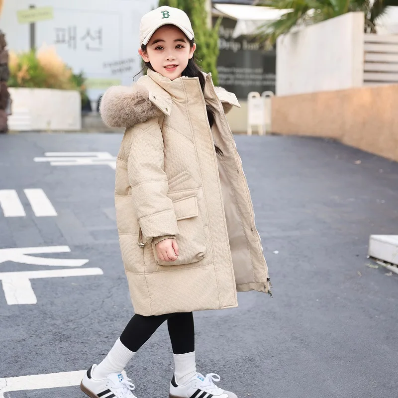 2023 New  Winter Girls Faux Fur Collar Coats Fashion Outerwear Teens Thicken Warm Jackets Kids Clothes Warm Student Coats