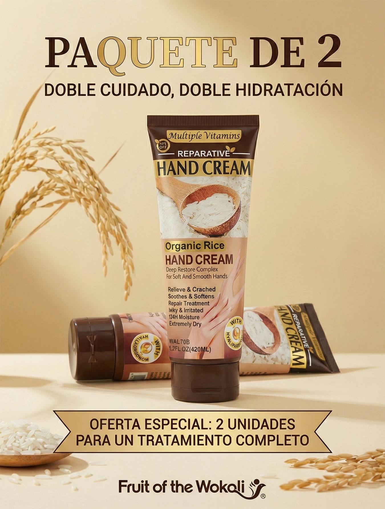 【2 Piezas Ahorro】Fruit of the Wokali Crema de Manos Arroz Orgánico 120ML x2, Hidratación 24H, Textura No Grasa, Presentación Económica por Ajuste Logístico