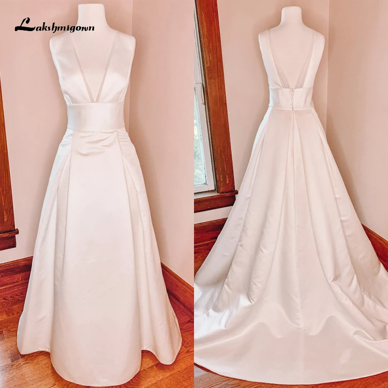 

Simple Elegant A-Line Wedding Dress Custom For Women Sexy Deep V-neck Sleeveless Backless Button Belt Bridal Gown Sweep vestidos