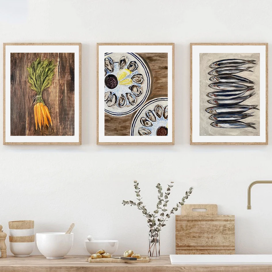 Arte de parede de cozinha vintage, pintura a óleo de cenoura, pôster de sardinha, impressões de vida morta, bon appetit, decoração de parede de cozinha francesa