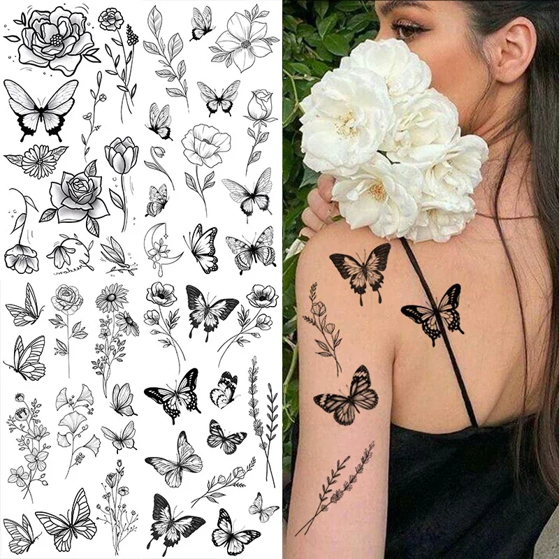 Autocollant de faux tatouage noir à grande fleur pour femmes, Rose pivoine, tatouage temporaire de transfert d'eau, bricolage, Art corporel pour filles, main arrière