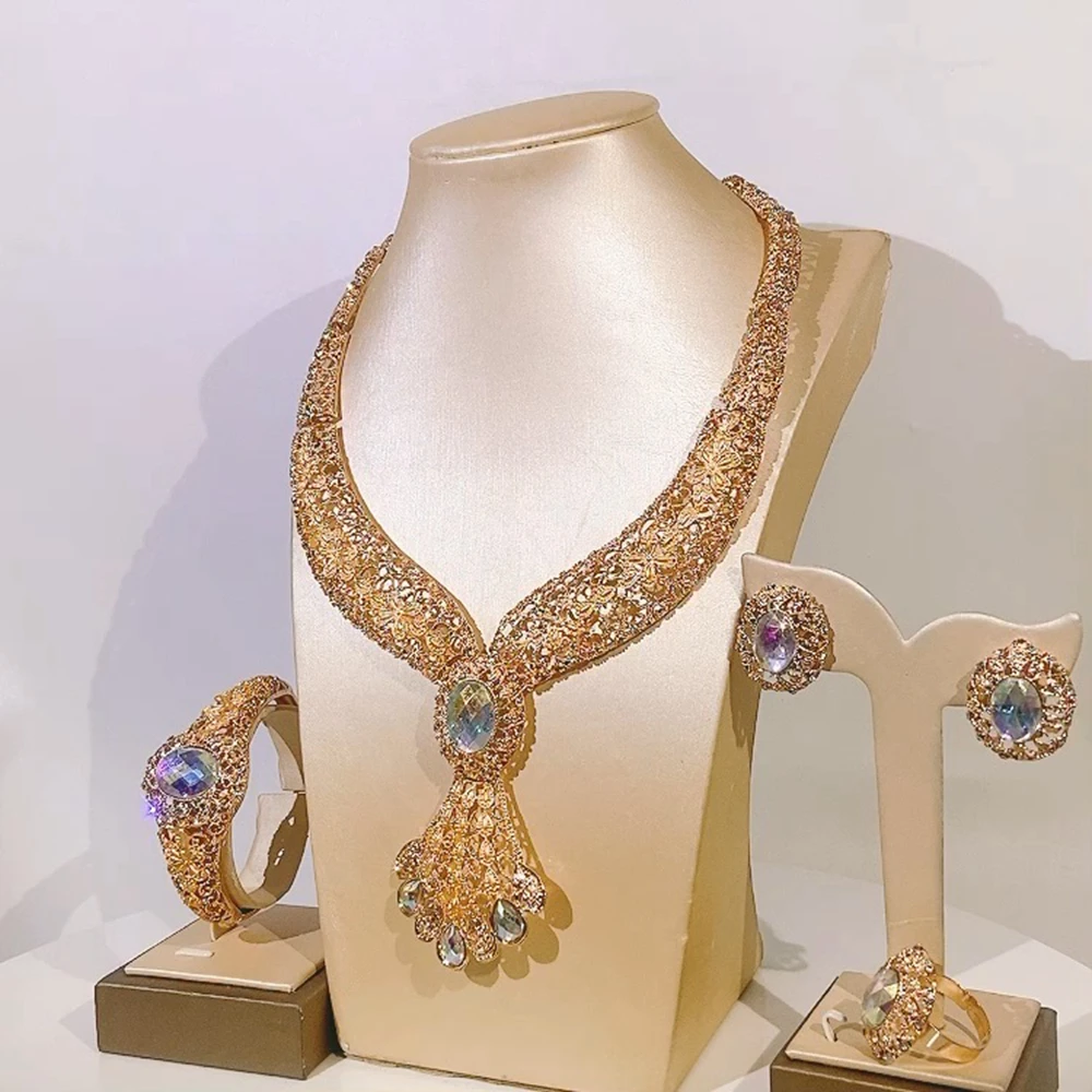 YULAILI New 24K Gold Plated Jewelry Set For Women Dubai Bridal Wedding Necklace And Earring Set Moroccan African Jewelry Gifts