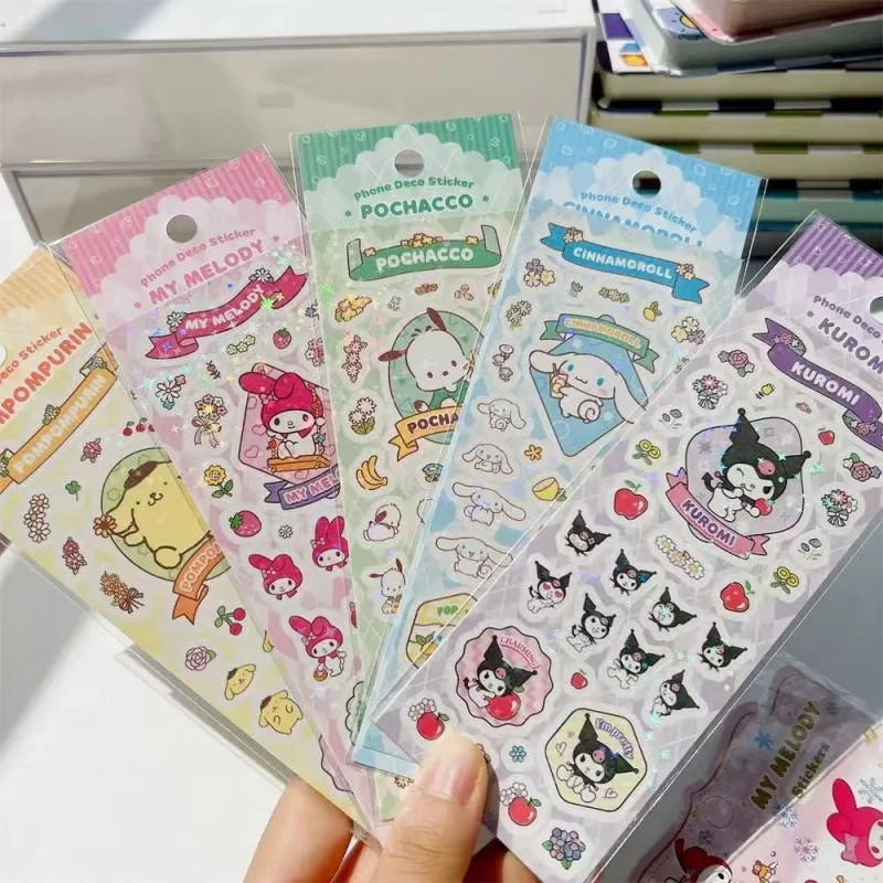 1/7PCS Cute Cartoon Laser Stickers Hello Kitty My Melody Pochacco Cinnamoroll Kuromi Adhesive Diary Scrapbook Phone Decoration