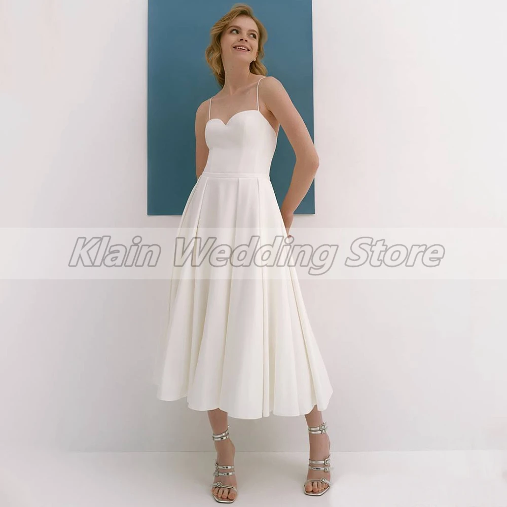 Minimalismo personalizado simples marfim curto sweertheart vestidos de casamento para noivas camisa cintas de espaguete comprimento do chá vestidos de noiva