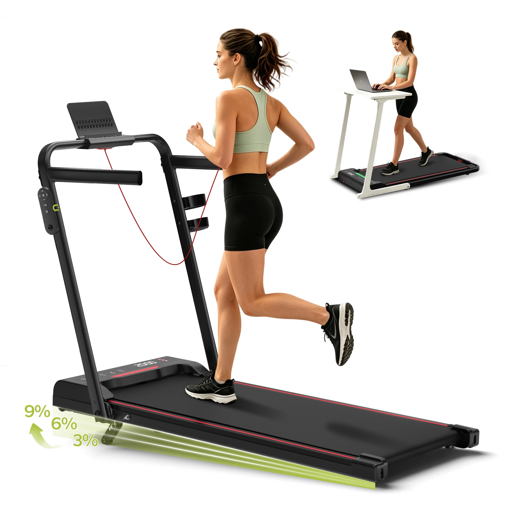 Tapis roulant pieghevole per uso domestico, con regolazione dell’inclinazione su 3 livelli, striscia luminosa che indica la velocità e tre modalità di controllo: telecomando, pannello sul corrimano e