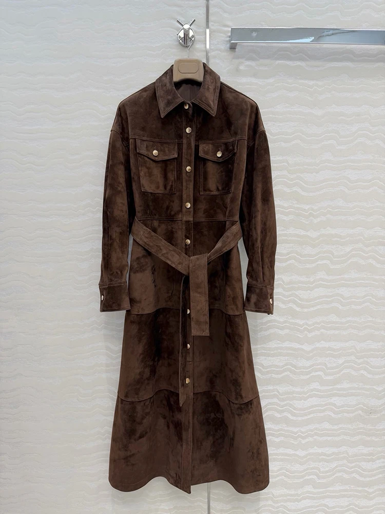 

Autumn Winter New style Single-row buckle Flip collar Suede fleece Little sheepskin Material Woman Retro brown Long style Coat