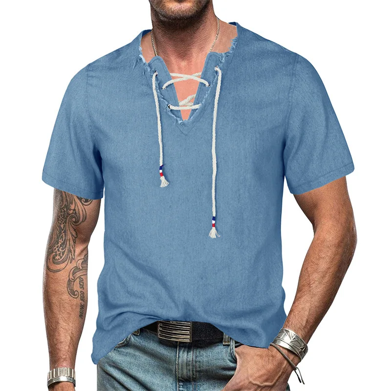 Summer Men'S 100% Cotton Medieval Renaissance Henley Shirt Retro Drawstring V-Neck Lace Up Short Sleeve Denim Loose Hiphop Tee