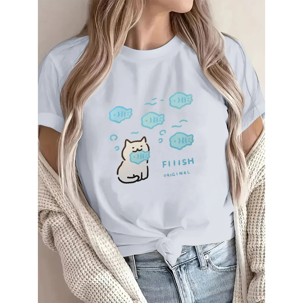 

Eating Fish Cat Little Fish Printing Graphic Tees Summer Crewneck Short Sleeve T-shirt Men Women Breathable Cotton Loose Tops