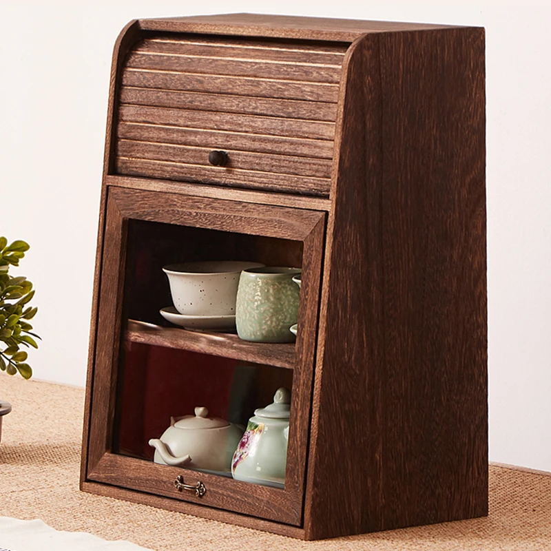 Solid wood kitchen cutlery organizer shelf shelving tea set desktop dust tea set roll-up door organizer