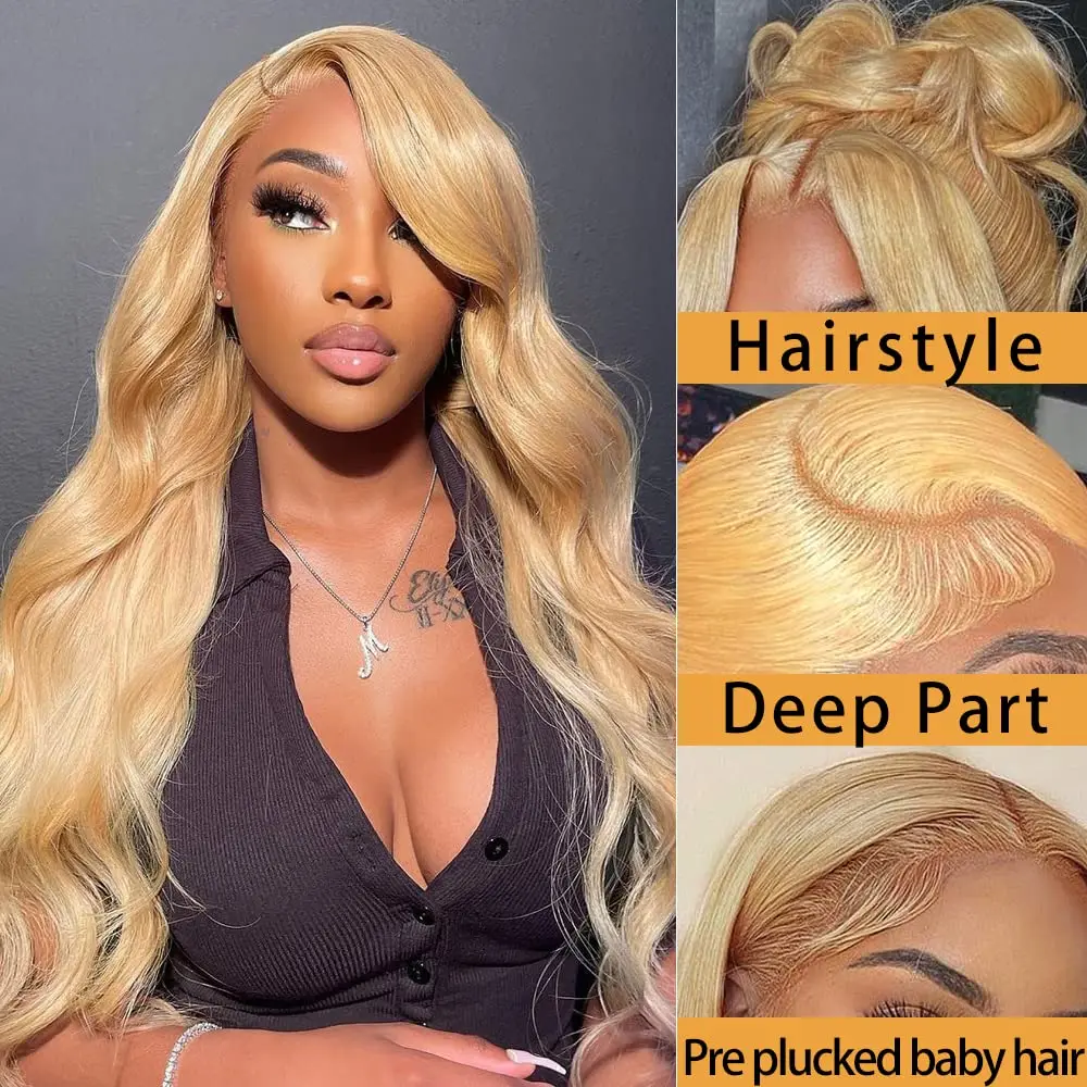 Honey pirang renda depan Wig sintetis untuk wanita sebelum dipetik dengan rambut bayi tubuh gelombang pirang renda Wig depan dengan kepadatan 180%