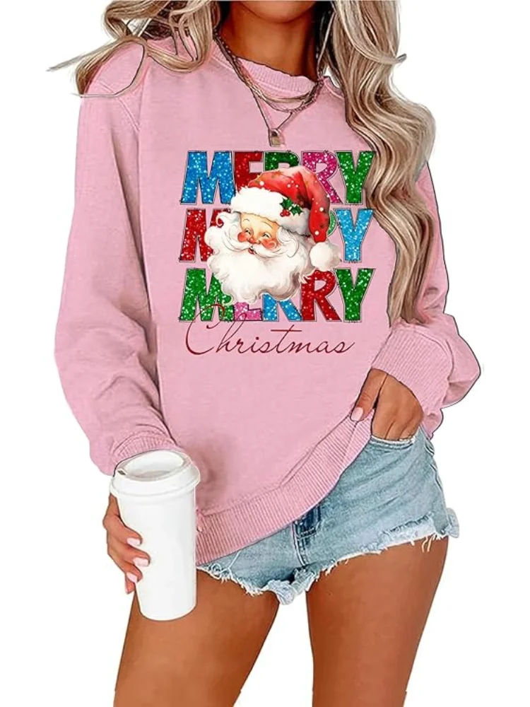 Felpa da donna Merry Felpa natalizia Divertente camicia grafica di Babbo Natale Pullover per le vacanze di Natale Top Festival di Natale