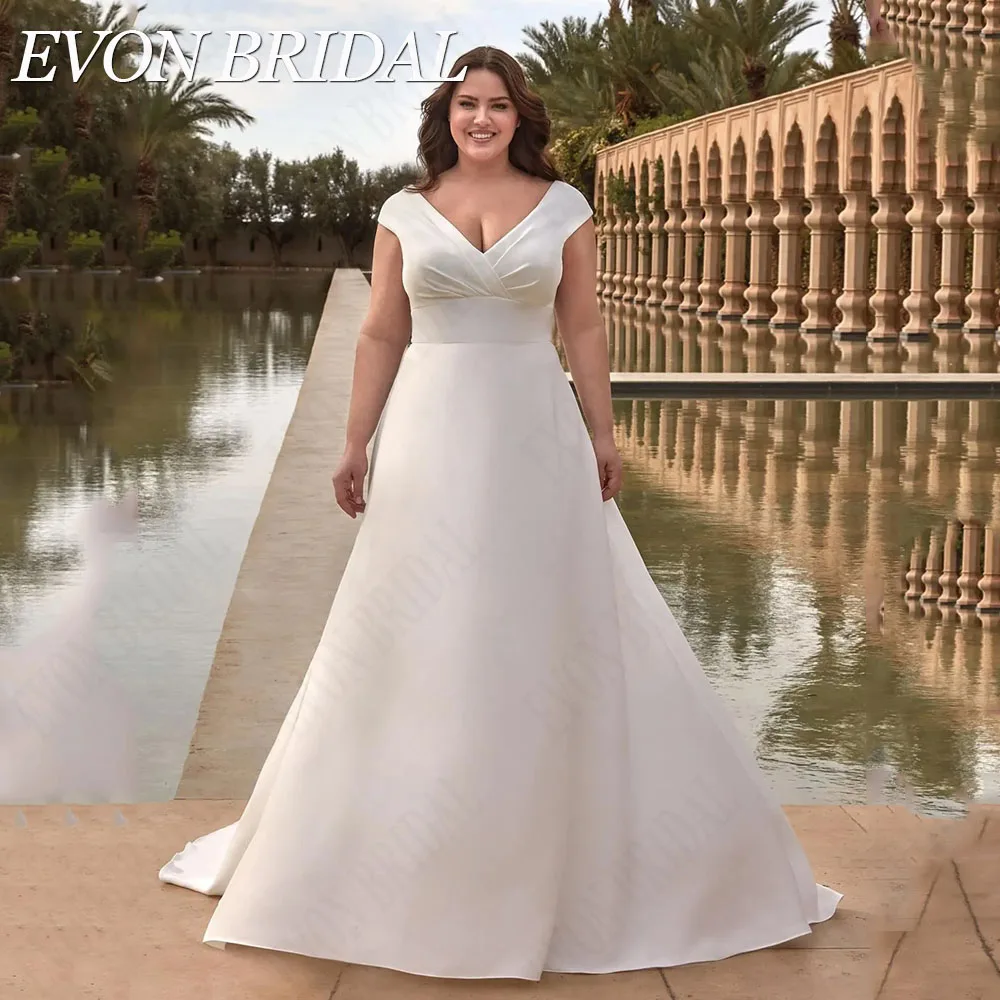 EVON BRIDAL Elegant Plus Size Satin Wedding Dress Gowns V-Neck Cap Sleeves Button vestidos novias boda Bride Gowns Custom Made