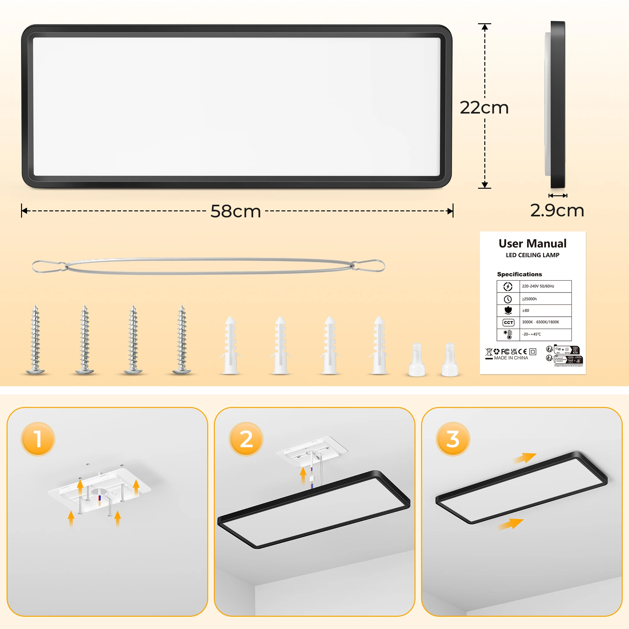 39728-80b9b9.jpg Plafón LED de techo rectangular ultrafino de 23 pulgadas, 32W+8W, 3000 lm y 3 CCT