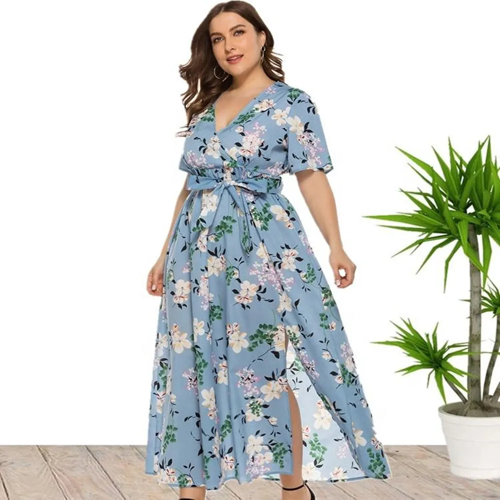 Dropshipping V Neck Short Sleeve Floral Print Plus Size Maxi Long Summer Dresses For Women