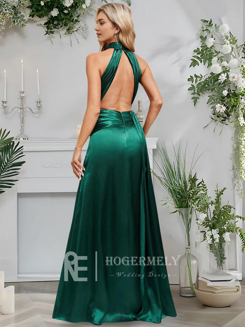 

B Emerald A-Line Halter Floor-Length Stretch Satin Bridesmaid Dress With Ruffles Sleeveless Wedding Guest Cocktail 2025​