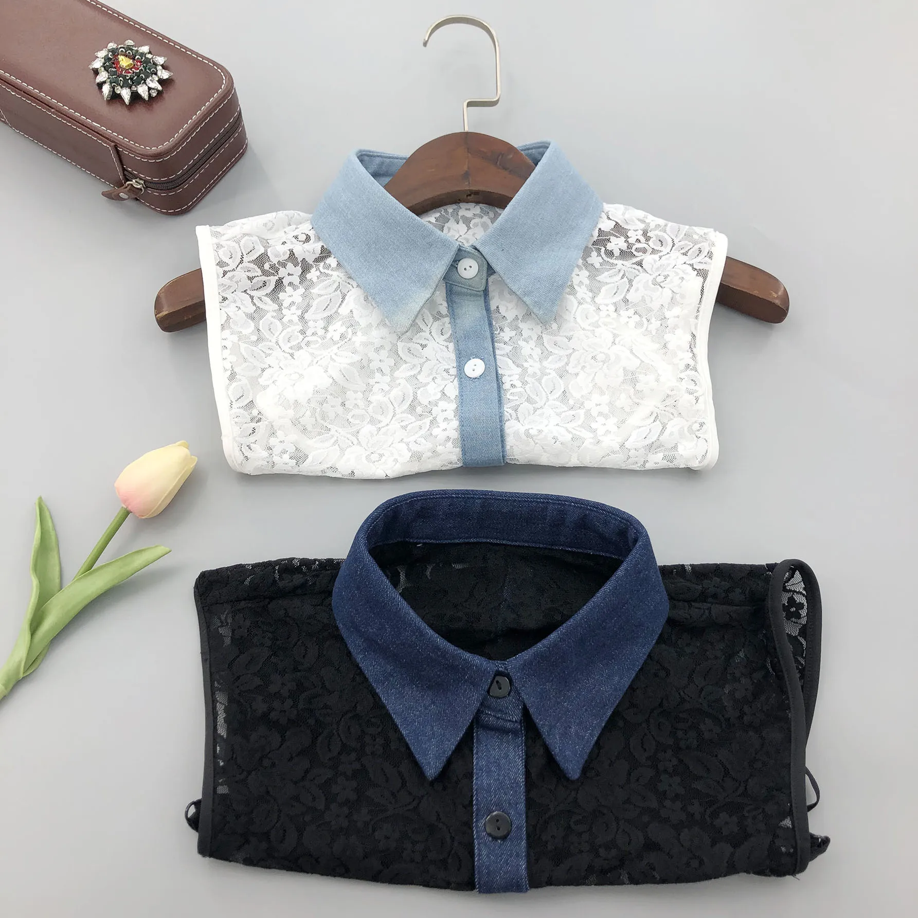 2024 New Denim Spliced Flower Lace Shirt Style Fake Collar Detachable Pointed Collar