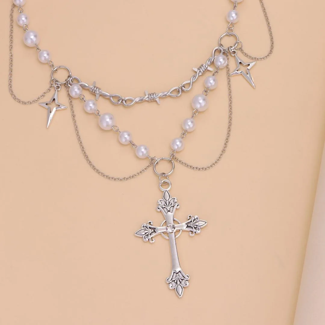 

Gothic Cross Pearl Chain Necklace for Women Punk Barbed Wire Layered Choker Statement Jewelry
