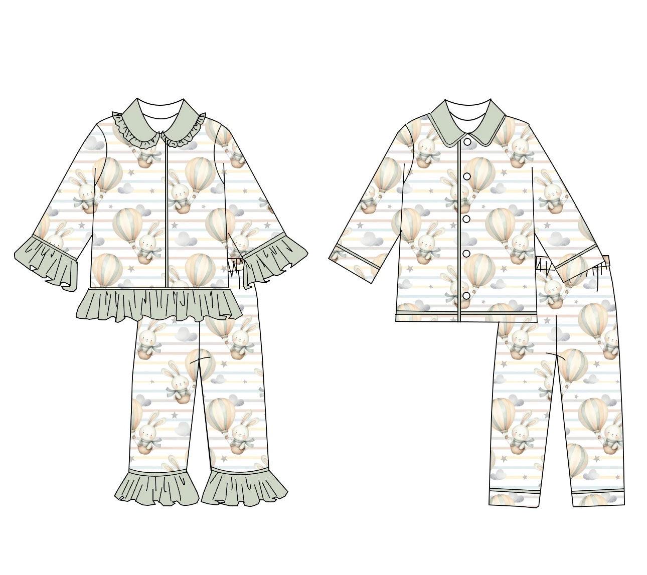 Fashionable Casual Ruffled Hot Air Balloon and Rabbit Print Lapel Pajama Set Premium Set Milk Silk 2-Piece Set