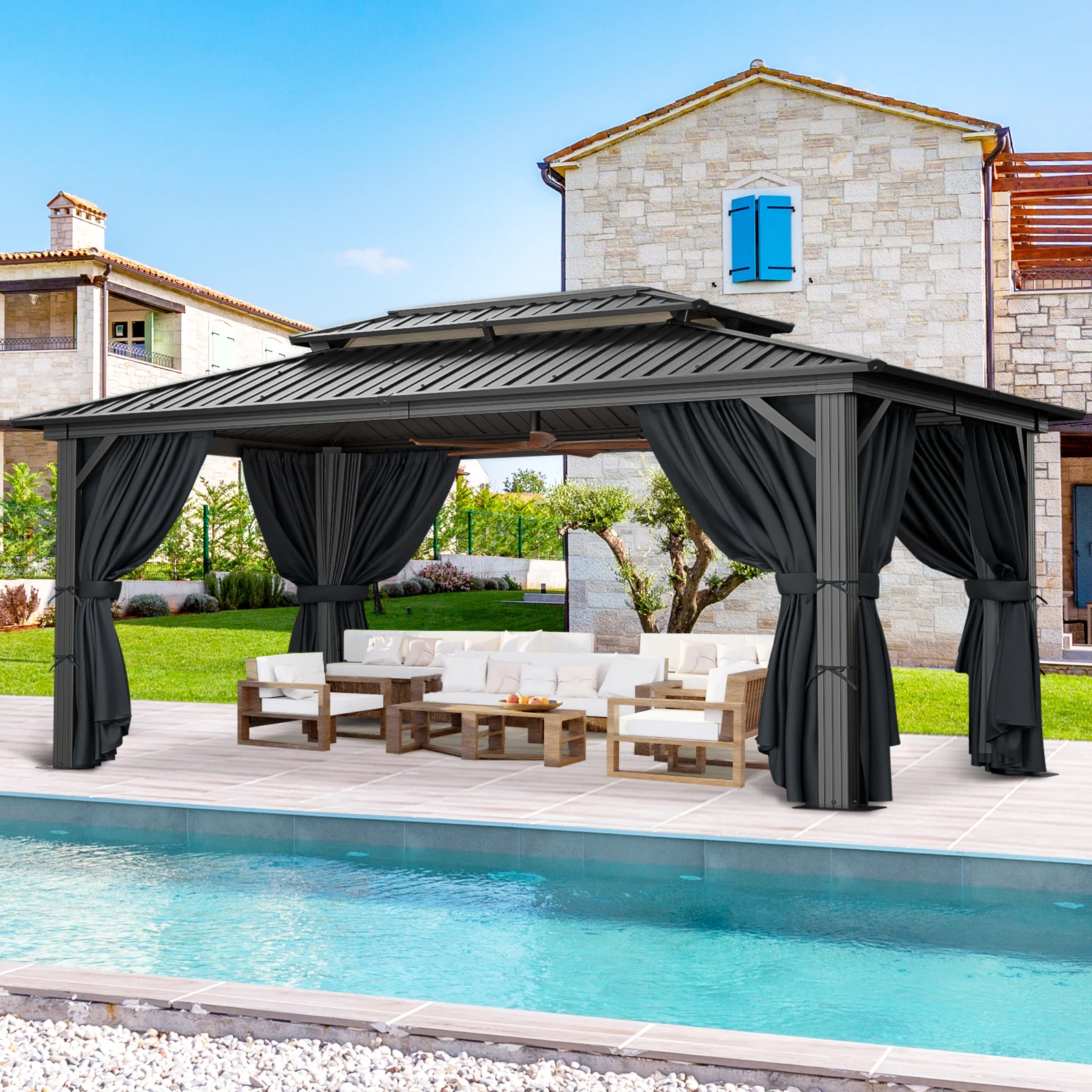 

10x15ft Hardtop Gazebo With Galvanized Steel Reinforced Aluminum Frame Heavy Duty Gazebo Permanent Pavillon For Patio Backyard