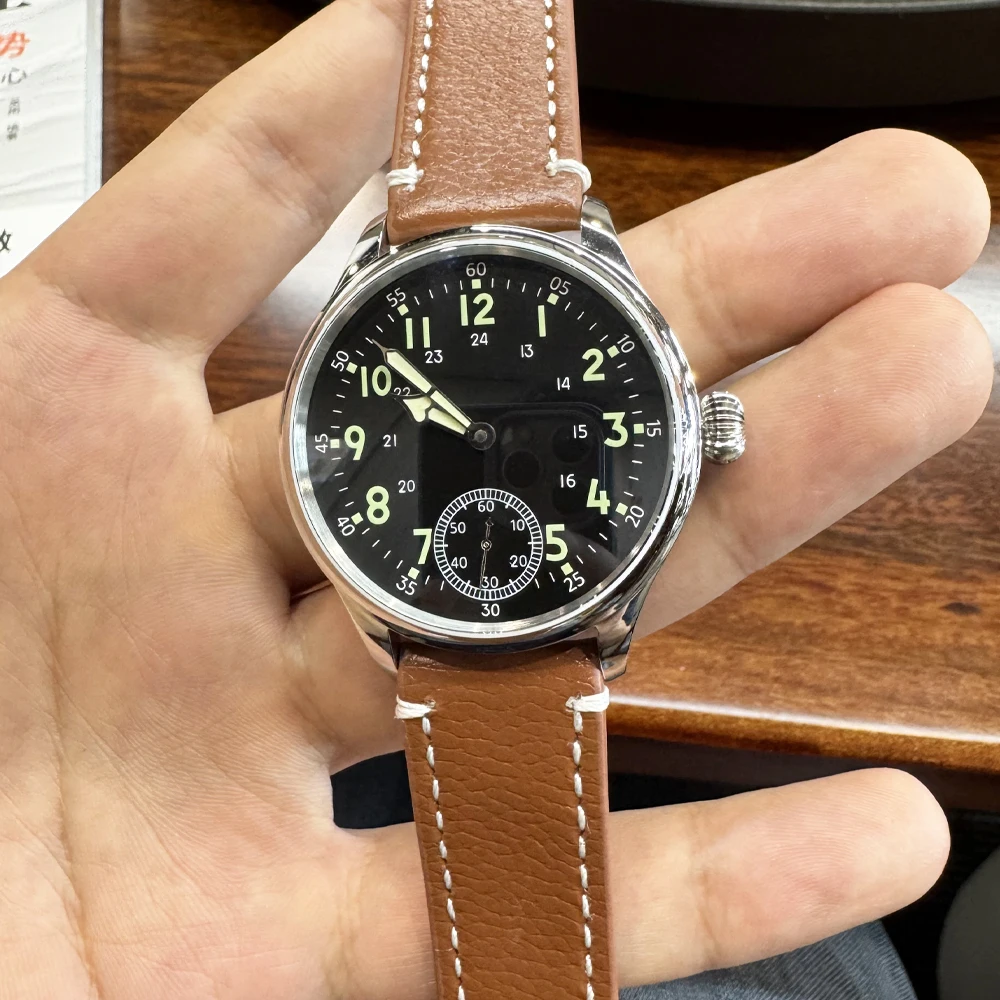 MUNGER Men's 40mm Manual-Wind Pilot's Watch Luminous Dial ST3621 Movement Classic Style Black Leather Strap