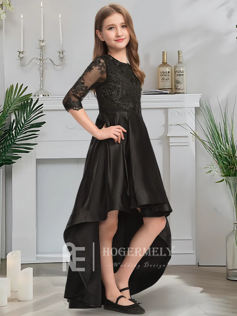 

A Scoop Neck Junior Bridesmaid Dress Onyx Flower Girl Dress Asymmetrical Lace Satin With Cascading Ruffles Wedding Party