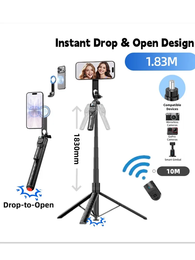 Magnetyczny statyw do selfie ze stopu aluminium, 1830 mm, automatycznie otwierający się, teleskopowy uchwyt do telefonu, kamery sportowej, do nagrywania vlogów. — zdjęcie produktu 7
