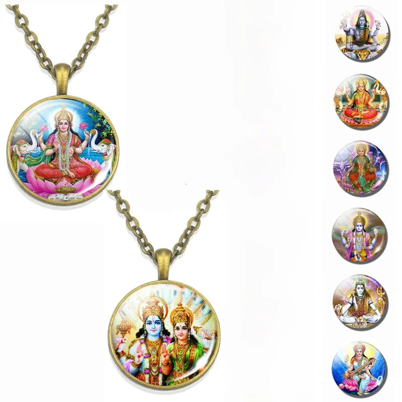 Lakshmi bogini wzór brązowy Retro wisiorek naszyjnik hinduizm bóg Ganesh szkło Cabochon biżuteria naszyjnik prezent Amulet — zdjęcie 2