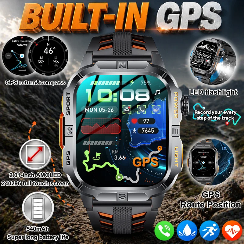 

2026 New Millitary Built-in GPS Smart Watch Men 2.01" AMOLED IP68 Waterproof Compass 540mAh Bluetooth Call Smartwatch iOS Women